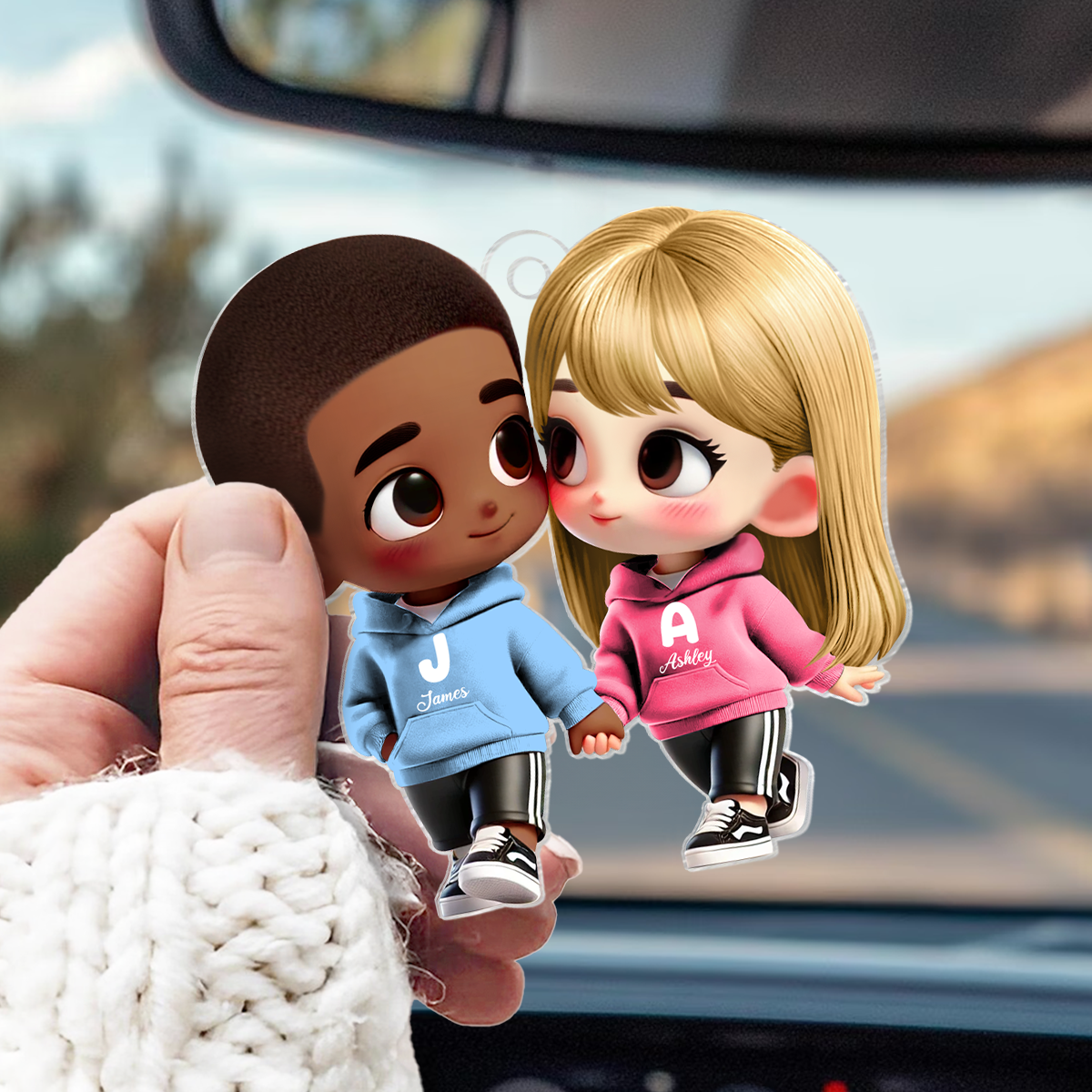 3D Effect Cute Cartoon Couple Holding Hands Personalized Acrylic Car Hanger, Anniversary &  Gift for him, Gift for her
