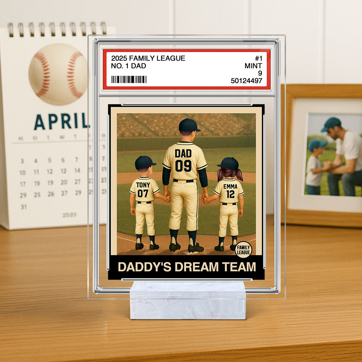 Baseball No. 1 Dad Man & Kids Trading Card Style Personalized Acrylic Plaque