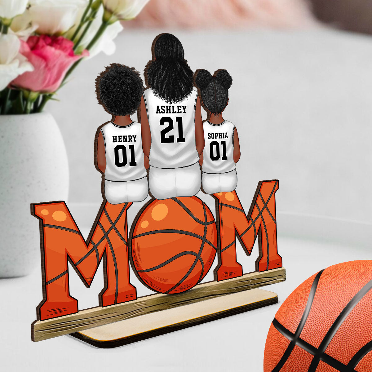 Basketball Mom And Kids Personalized Standing Wooden Plaque, Gift for Mom, Gift for Wife