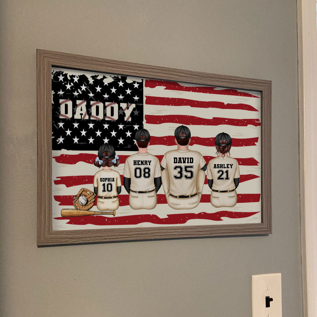 Baseball Dad And Kids Retro Nation Flag Personalized Poster, Father's Day Gift for Husband, Gift for Dad