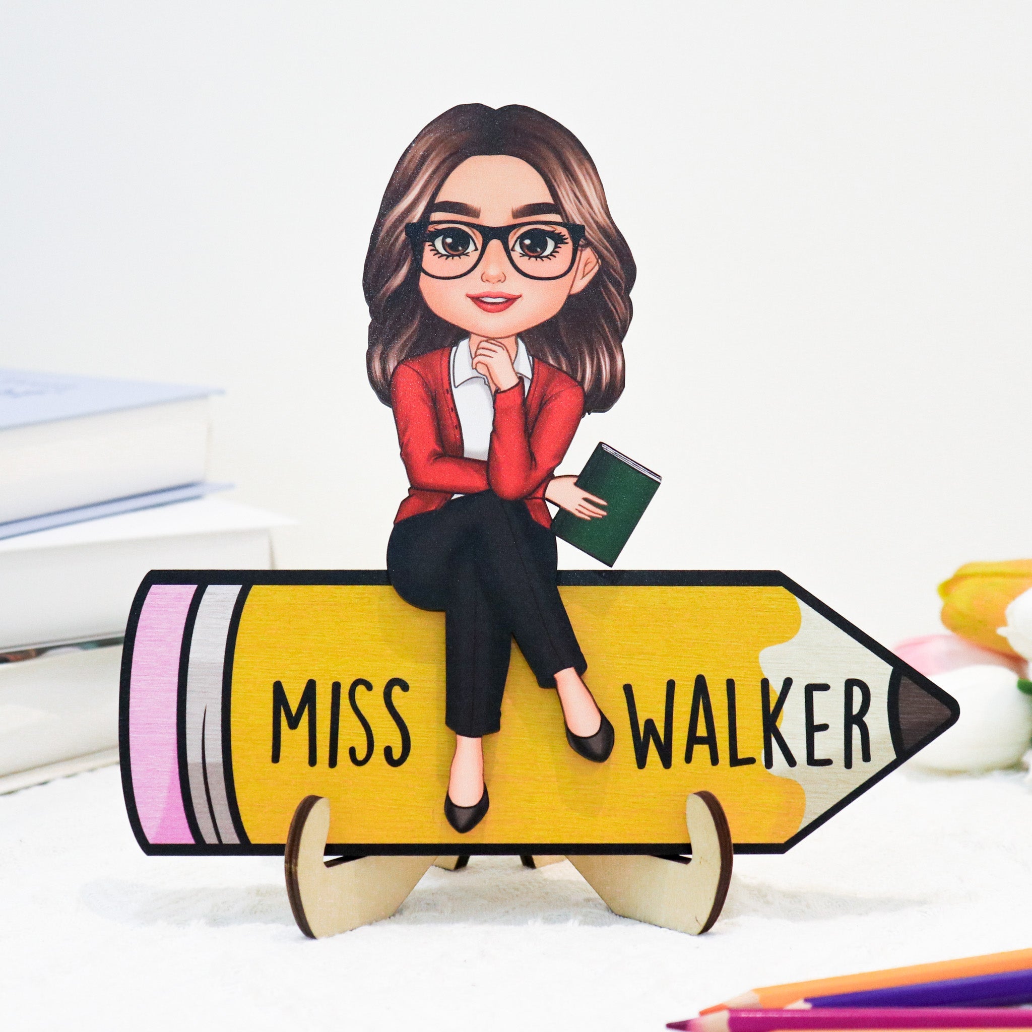 Doll Teacher Sitting On Pencil Personalized 2-Layer Wooden Plaque, Office Decor for Teacher,  Gift for Teacher, Teacher Appreciation Gift