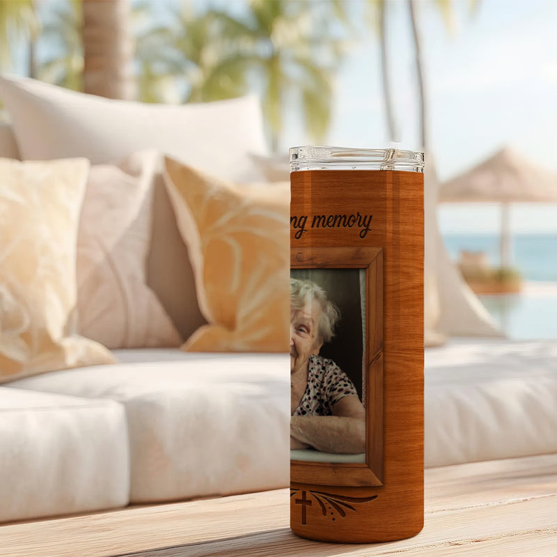 Memorial Carved Wood Design Skinny Tumbler 20oz