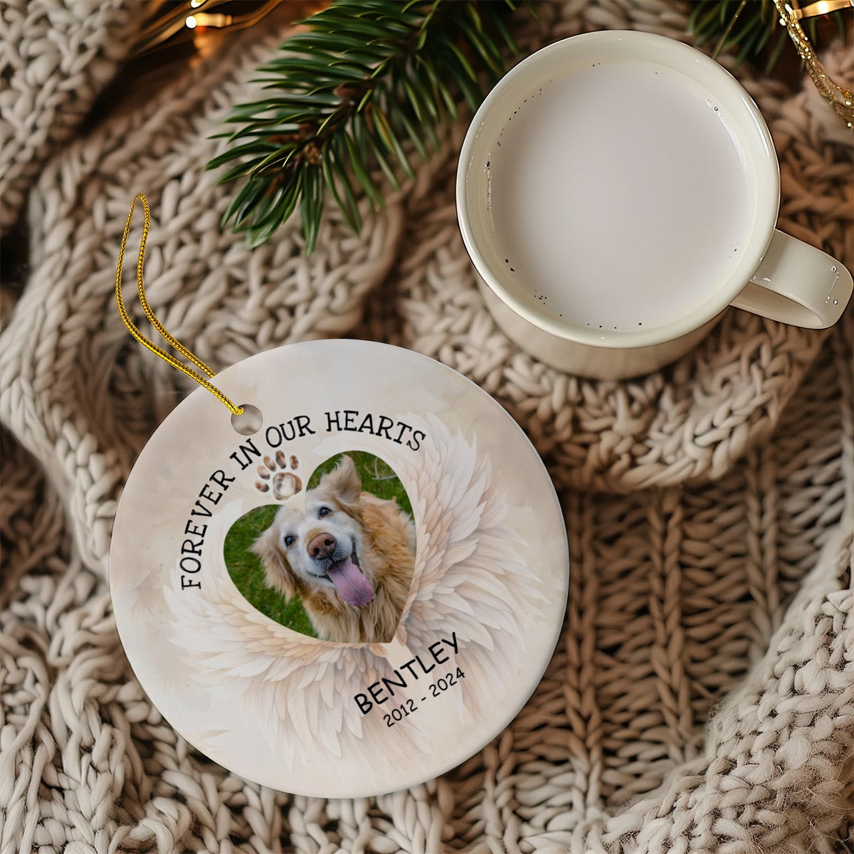 Christmas Pet Memorial Custom Photo Forever In Our Hearts Ceramic Ornament