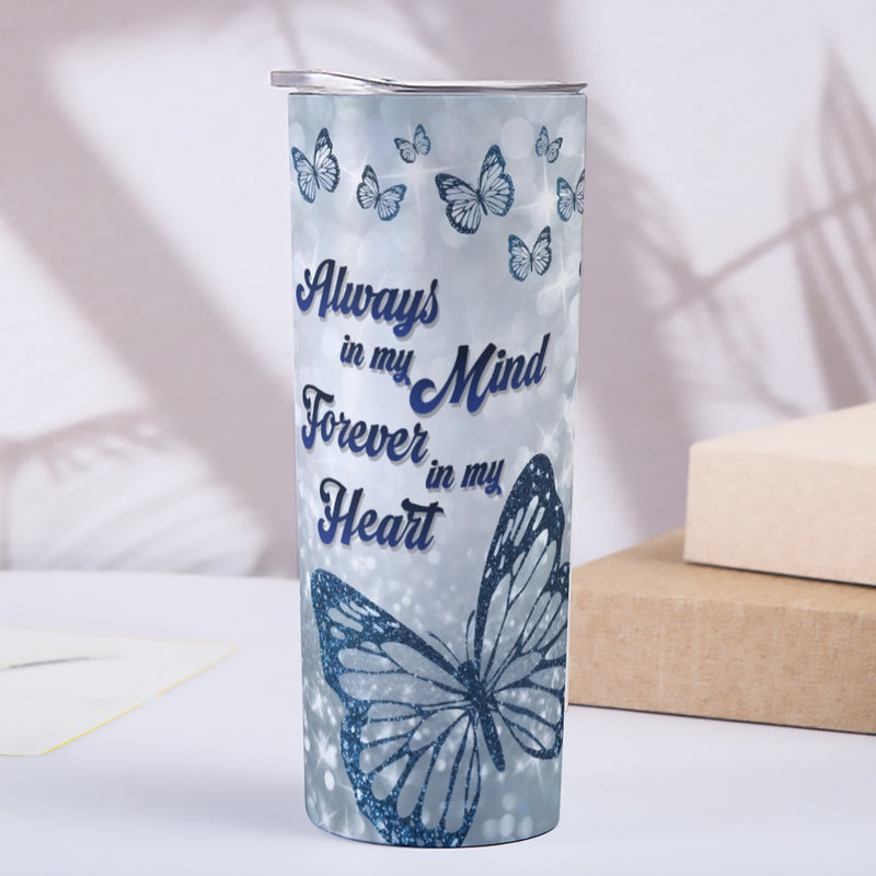 Always in My Mind Memorial Tumbler, 20oz Skinny Tumbler with Silver Glitter and 2 Photo Frames