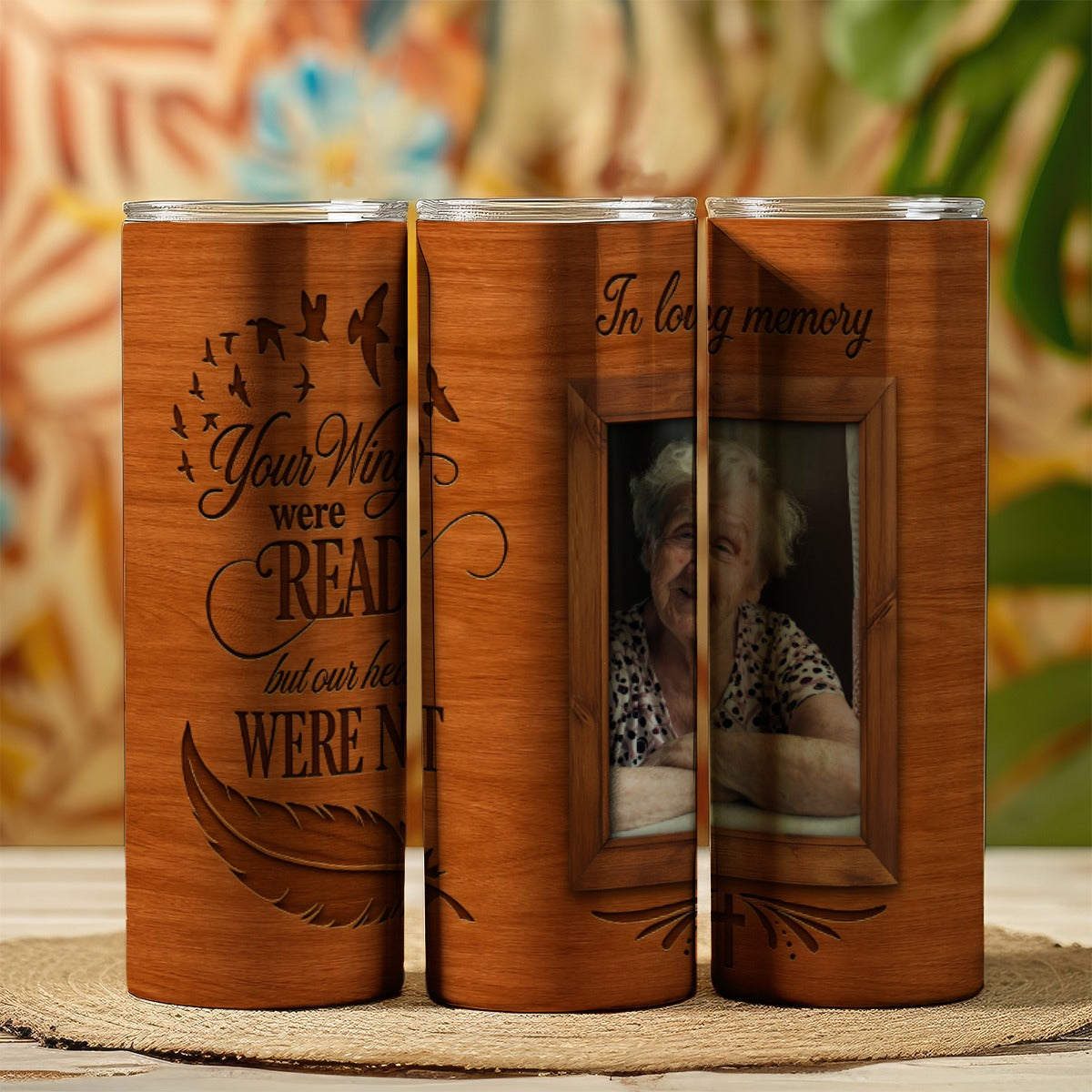 Memorial Carved Wood Design Skinny Tumbler 20oz