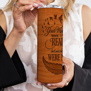Memorial Carved Wood Design Skinny Tumbler 20oz
