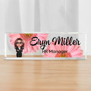 Daisy Flowers Woman Man Office Personalized Acrylic Desk Name Plate, Office Desk Decor, Gift For Colleagues, Coworkers, Boss