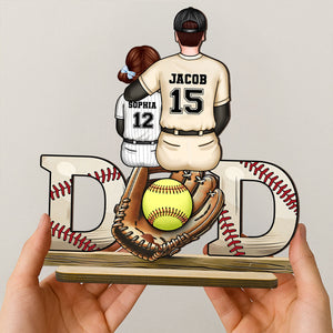 Baseball Softball Dad & Kids Glove Personalized 2-Layer Standing Wooden Plaque, Father's Day Gift for Dad, Gift for Husband