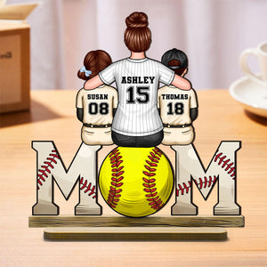 Baseball, Softball Mom And Kids Personalized Standing Wooden Plaque, Gift For Wife, Gift For Mom