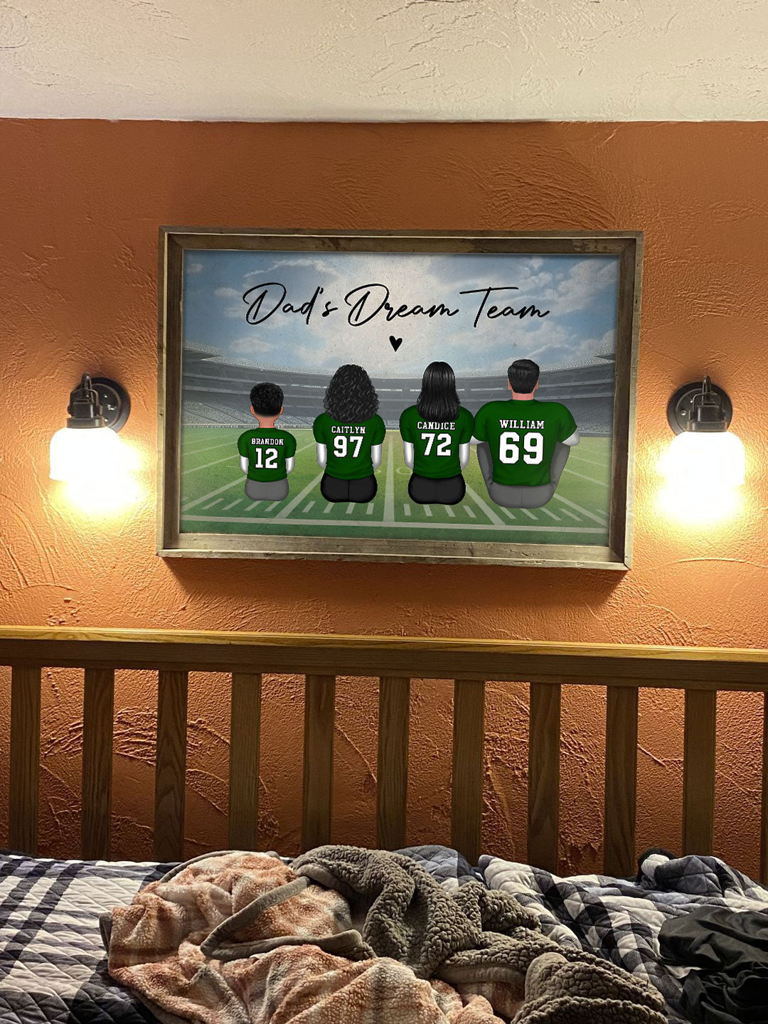 Daddy's Team Football Family Sitting Back View Personalized Poster, Father's Day Gift