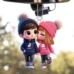 3D Effect Cute Cartoon Couple Walking Personalized Car Ornament, Perfect Gift for him, Gift for her