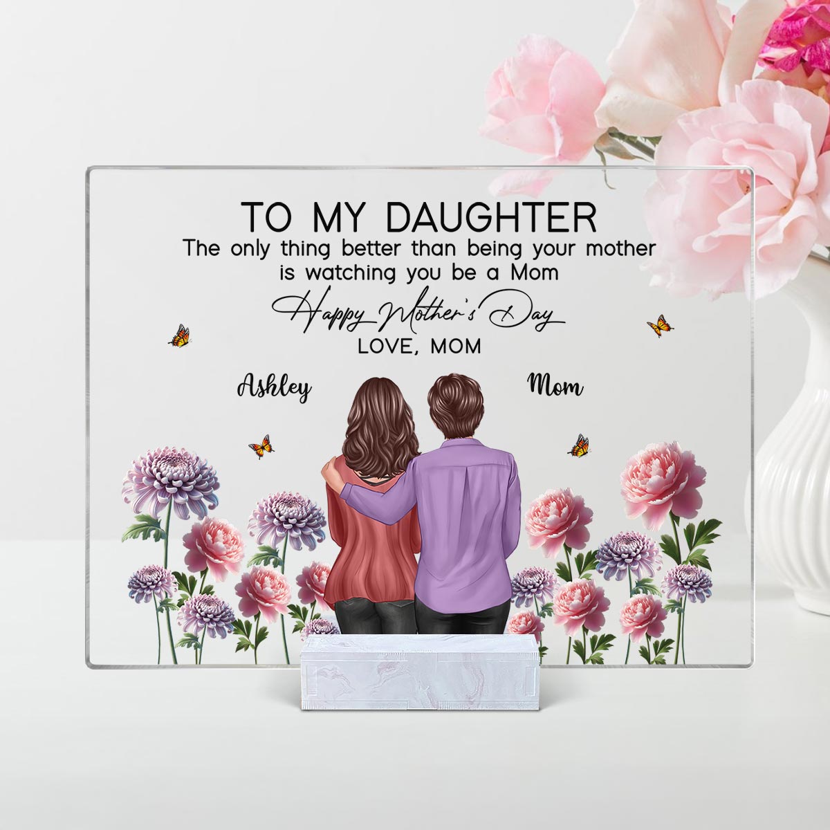 To My Daughter From Mom Happy Mother's Day Birth Flower Personalized Rectangle Acrylic Plaque with Stand, Gift For Daughter
