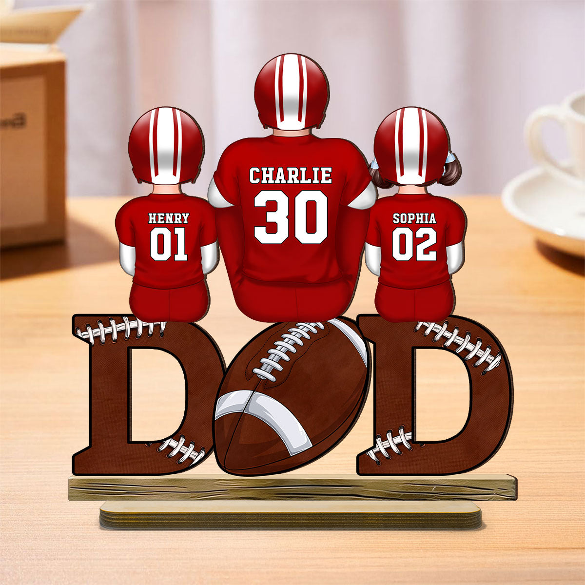 Football Dad And Kids Back View Personalized Standing Wooden Plaque, Father's Day Gift for Husband, Gift for Dad