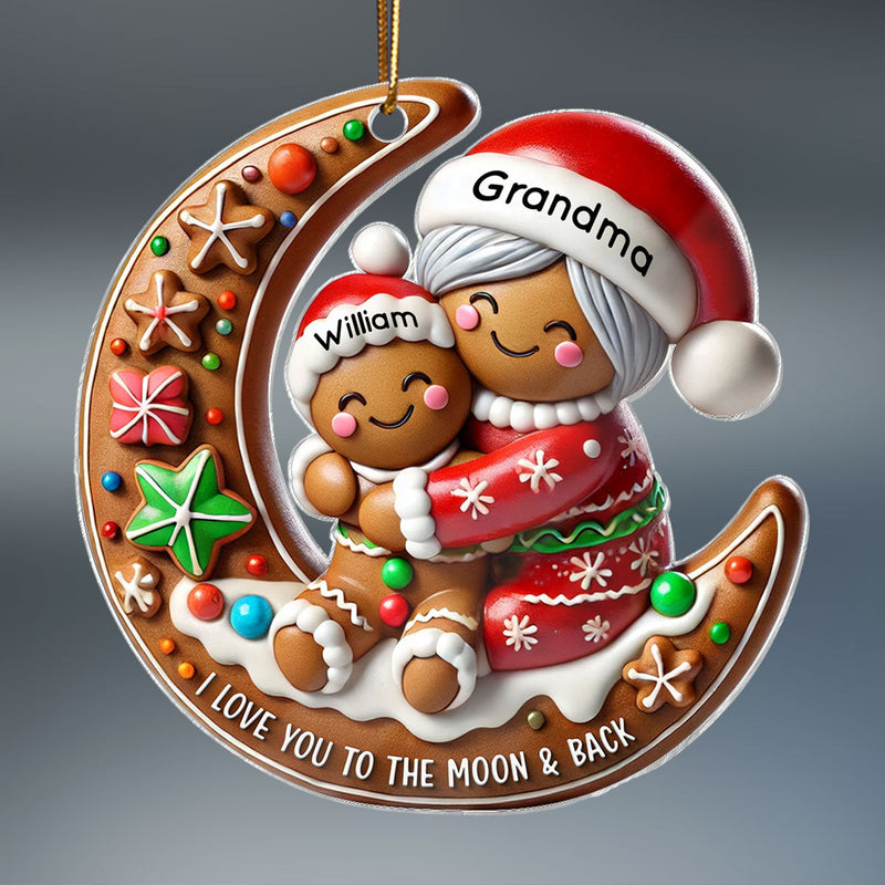 3D Effect Gingerbread Grandma Hugging Grandkid On Moon Christmas Personalized Acrylic Ornament, Meaningful Gift For Granddaughter, Grandson