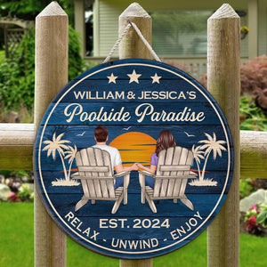Poolside Paradise Couple Sitting Personalized Wood Sign, Summer Decor, Perfect for Bar, Pool Deck, Beach House, Backyard Walls