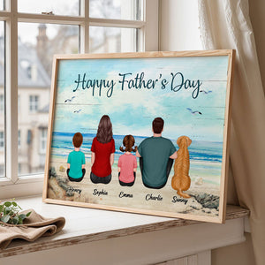 Family Sitting Retro Vintage Beach Landscape Poster, Unique 2025 Father's Day Gift For Dad, Husband