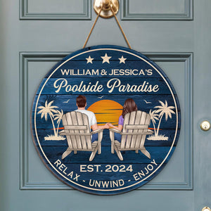 Poolside Paradise Couple Sitting Personalized Wood Sign, Summer Decor, Perfect for Bar, Pool Deck, Beach House, Backyard Walls