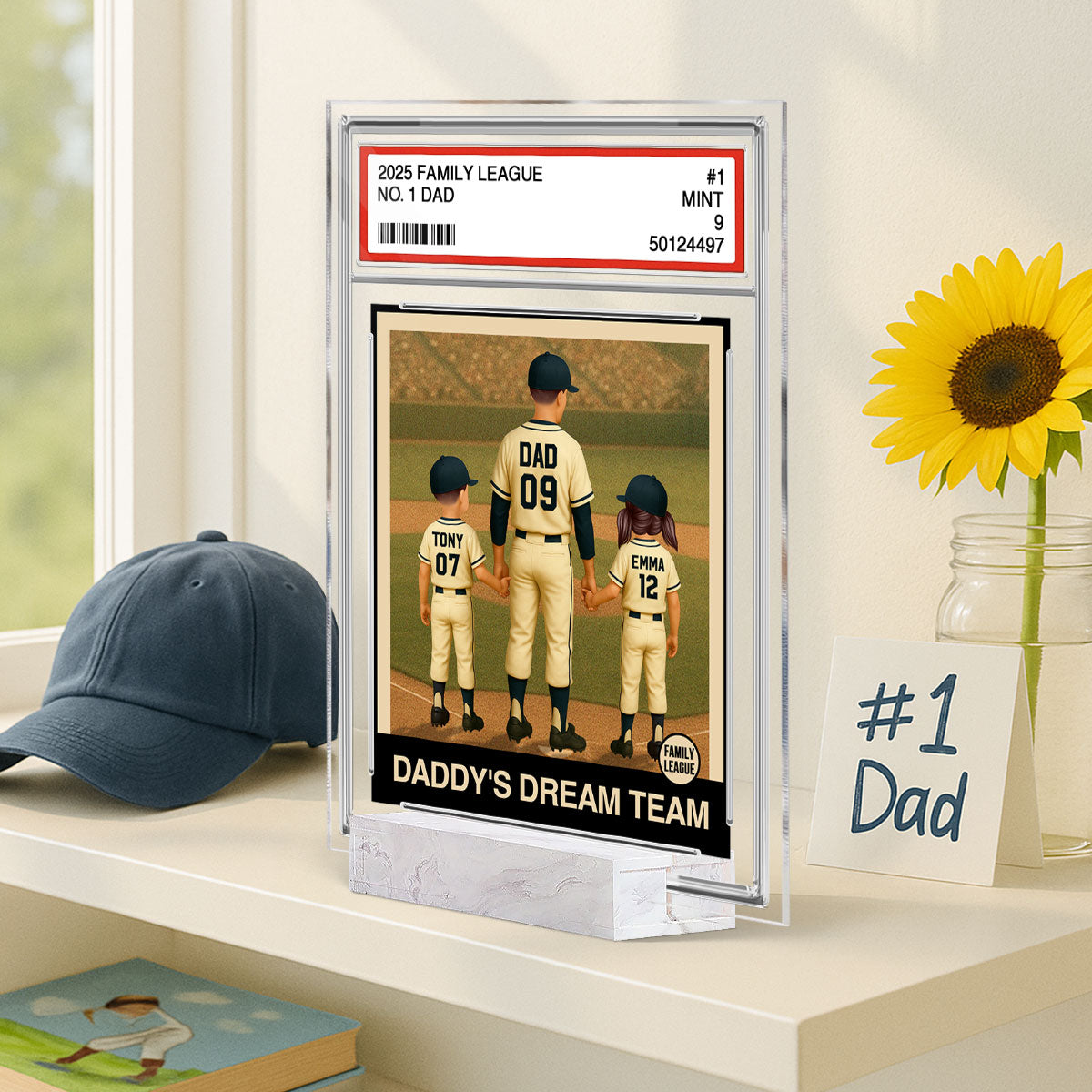 Baseball No. 1 Dad Man & Kids Trading Card Style Personalized Acrylic Plaque