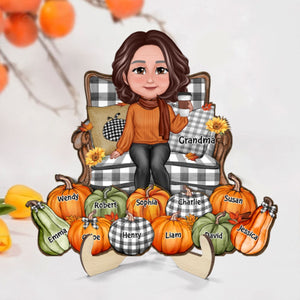 Grandma Sitting On Chair Pumpkins Personalized 2-Layer Wooden Plaque, Fall Season Decor