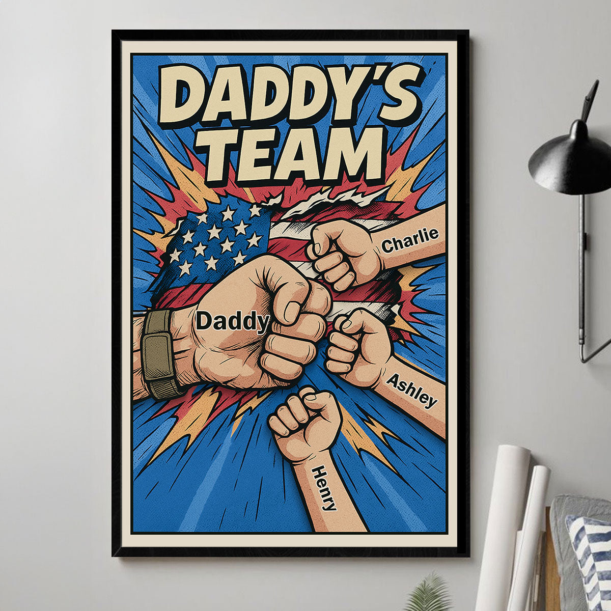 Daddy's Team Fist Bump Comic-Style Action Personalized Poster, Father's Day Gift for Dad
