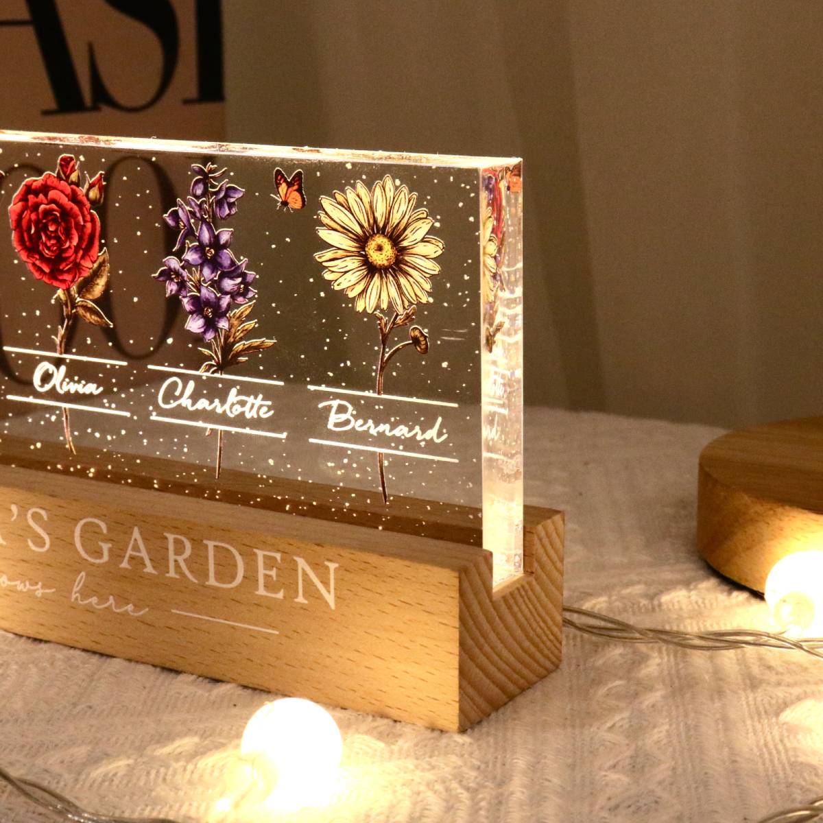 Grandma's Garden Of Grandkids Birth Month Flowers Personalized LED Night Light, Heartfelt Gift For Grandma, Mom