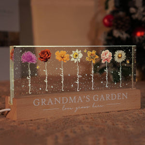 Grandma‘s Garden Birth Month Flowers Personalized Acrylic Block LED Night Light, Heartfelt Gift For Grandma