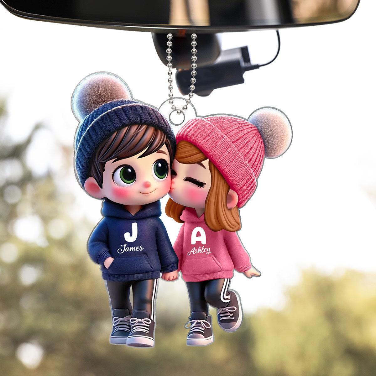 3D Effect Cute Cartoon Couple Walking Personalized Car Ornament, Perfect Gift for him, Gift for her