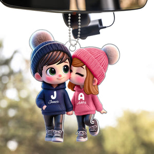 3D Effect Cute Cartoon Couple Walking Personalized Car Ornament, Perfect Gift for him, Gift for her