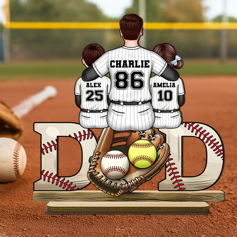 Baseball Softball Dad & Kids Glove Personalized 2-Layer Standing Wooden Plaque, Father's Day Gift for Dad, Gift for Husband