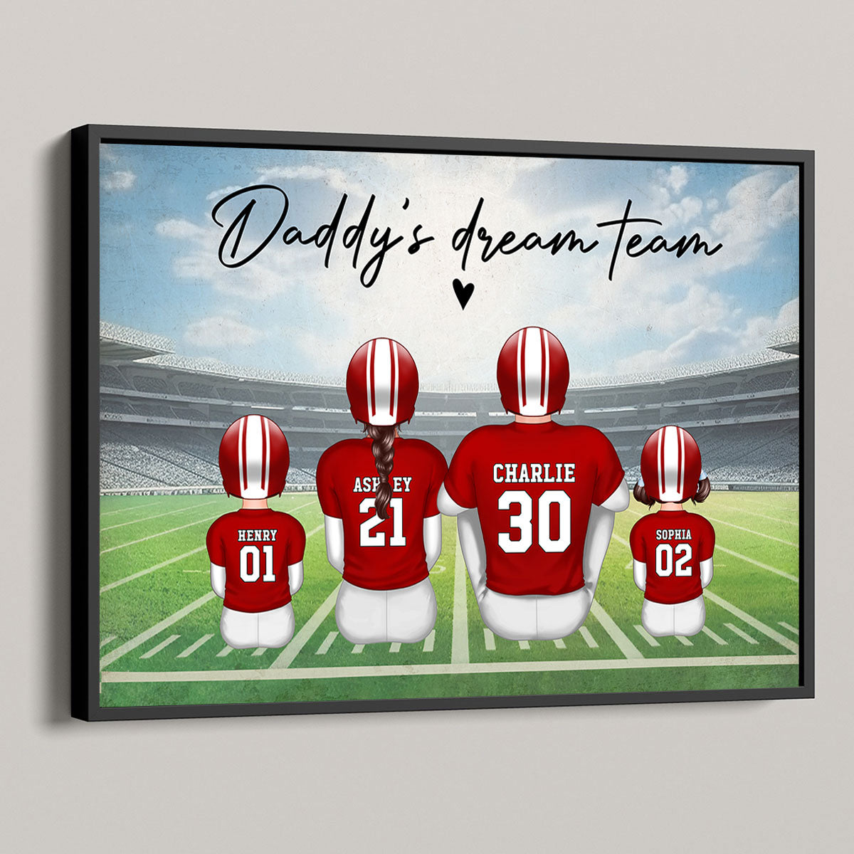 Daddy's Team Football Family Sitting Back View Personalized Poster, Father's Day Gift