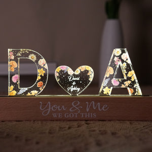 Couple Initials Floral Theme Personalized Acrylic Block LED Night Light, Heartfelt Gift For Her, For Wife