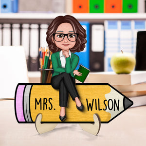Doll Teacher Sitting On Pencil Personalized 2-Layer Wooden Plaque, Office Decor for Teacher,  Gift for Teacher, Teacher Appreciation Gift