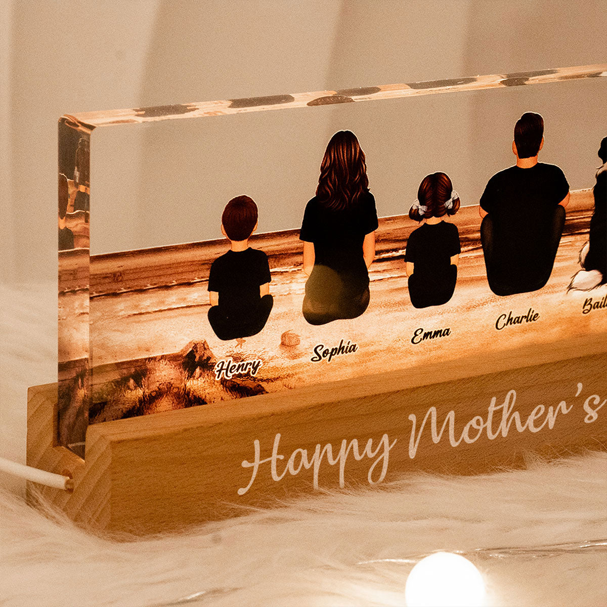 Family Sitting Back View Retro Vintage Beach Landscape Acrylic LED Night Light, Gift for Mom, Gift for Grandma, Gift for Wife