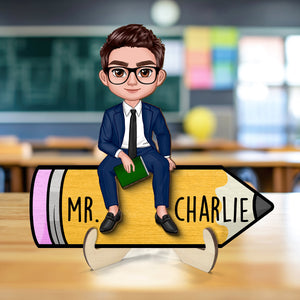Doll Teacher Sitting On Pencil Personalized 2-Layer Wooden Plaque, Office Decor for Teacher,  Gift for Teacher, Teacher Appreciation Gift