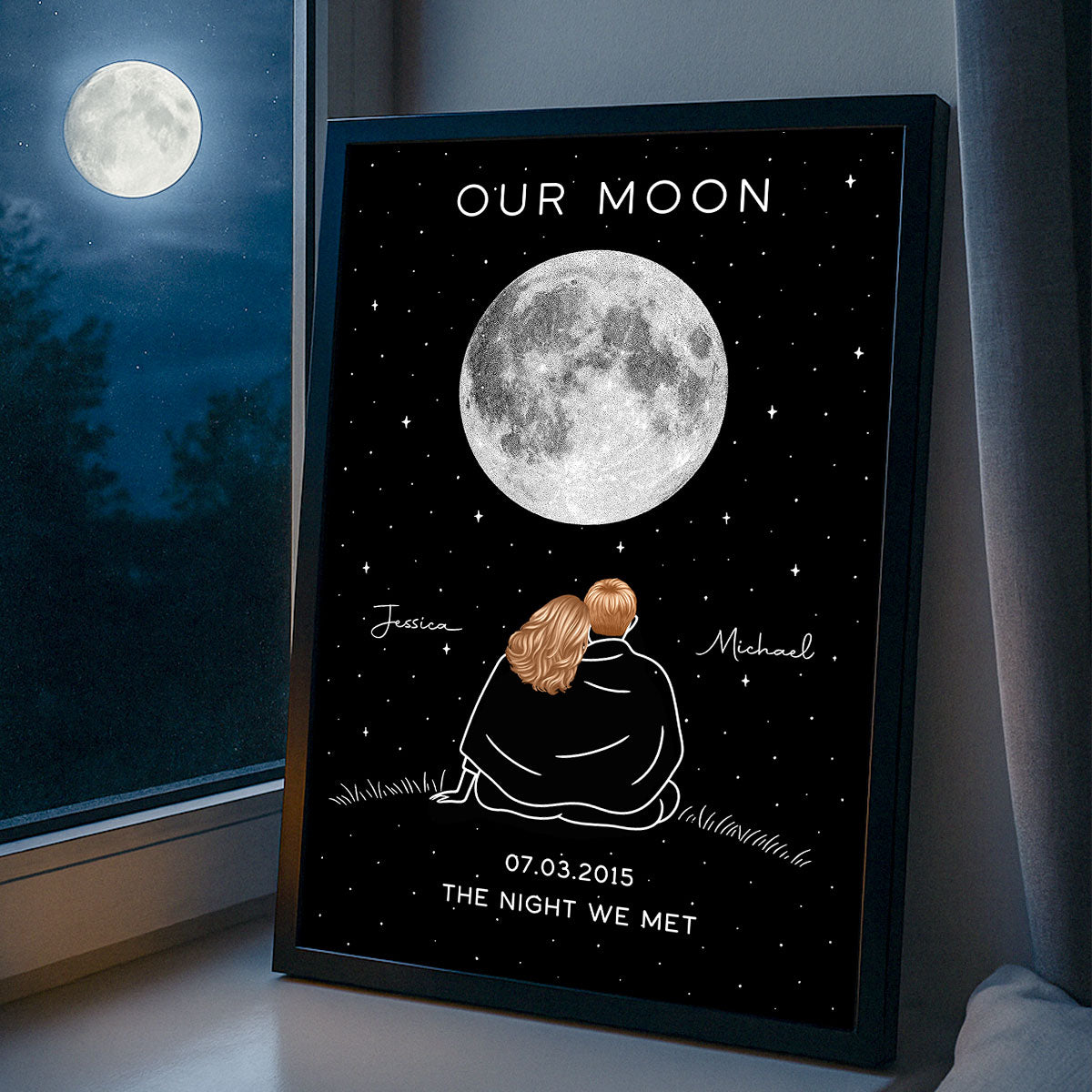 Couple Under Star Sky, Moon Phase Art Personalized Poster, Anniversary gift for him, for her