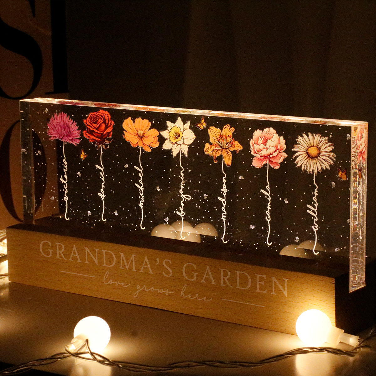 Grandma‘s Garden Birth Month Flowers Personalized Acrylic Block LED Night Light, Heartfelt Gift For Grandma