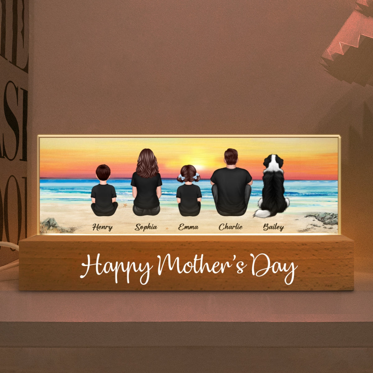 Family Sitting Back View Retro Vintage Beach Landscape Acrylic LED Night Light, Gift for Mom, Gift for Grandma, Gift for Wife