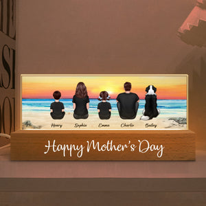 Family Sitting Back View Retro Vintage Beach Landscape Acrylic LED Night Light, Gift for Mom, Gift for Grandma, Gift for Wife