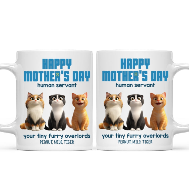 Happy Mother's Day Human Servant Personalized Mug, Cute Cartoon Cats, Unique Gift for Cat Moms