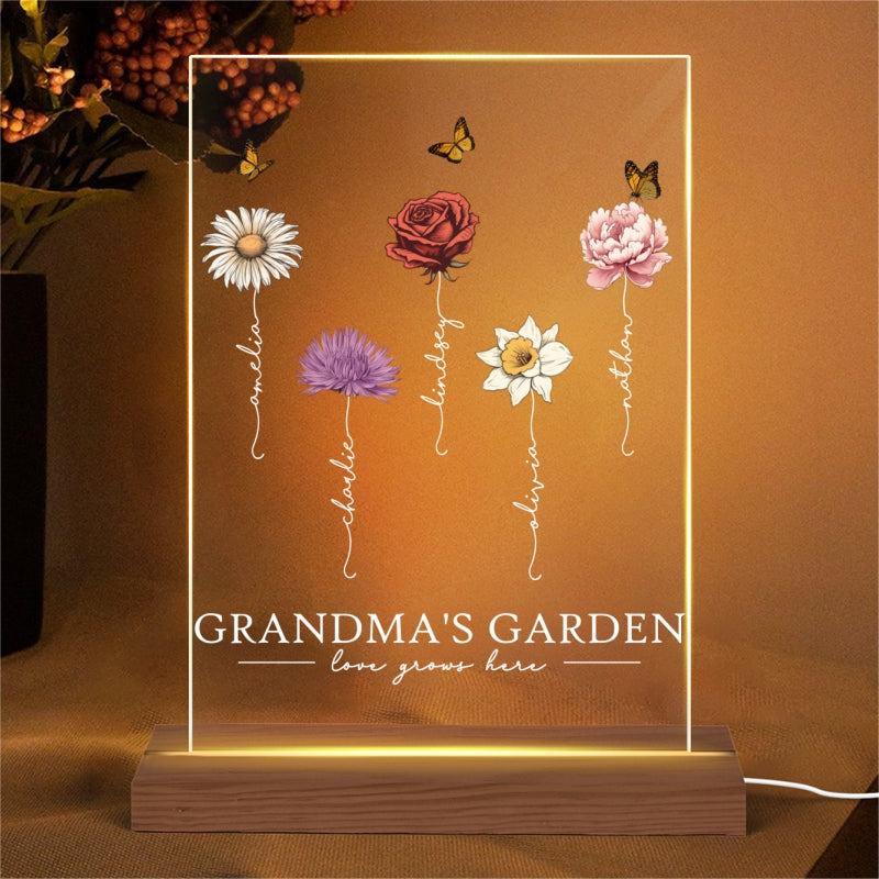 Grandma‘s Garden Love Grows Here Beautiful Birth Month Flower Gift For Grandma Mom Personalized Acrylic Plaque With LED Night Light