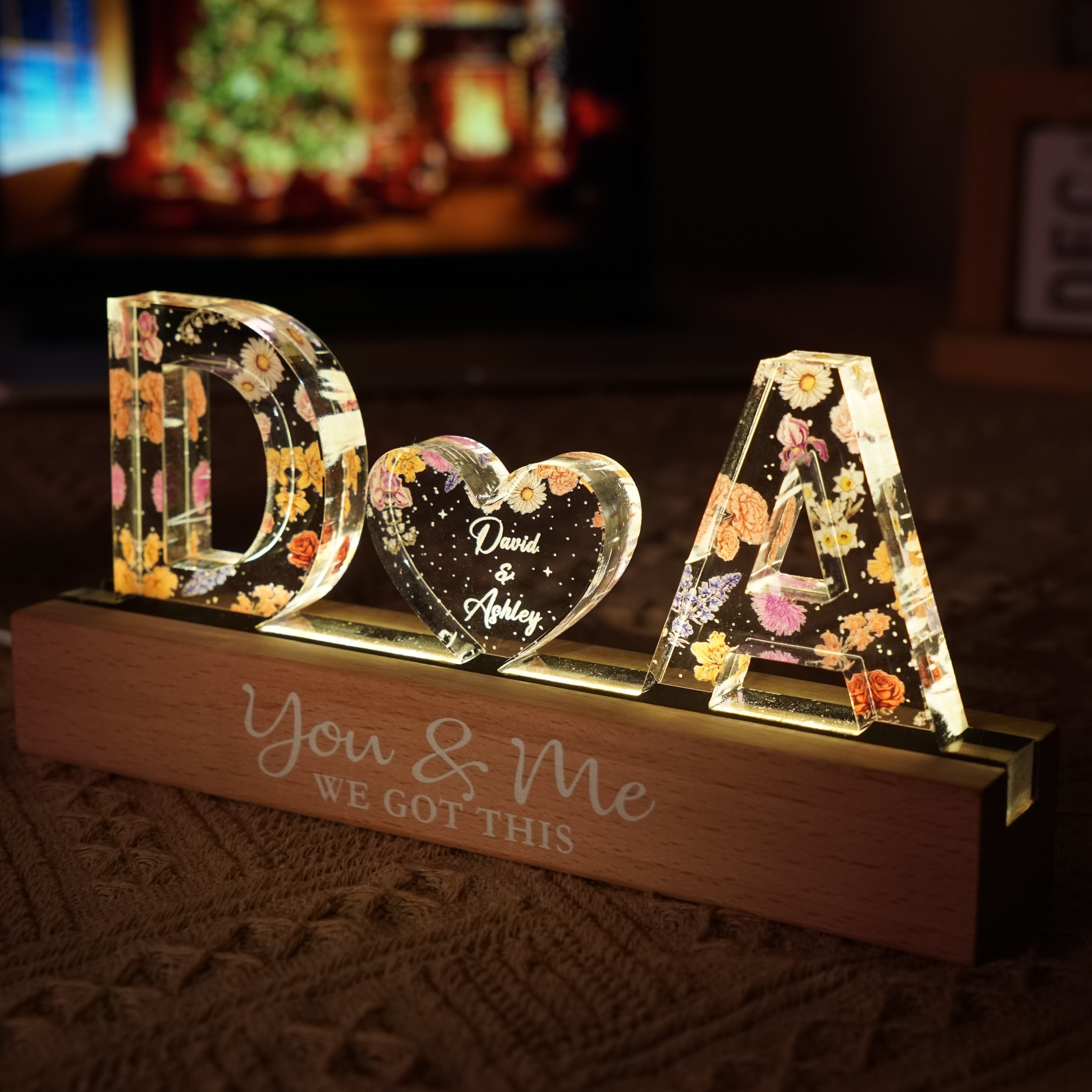 Couple Initials Floral Theme Personalized Acrylic Block LED Night Light, Heartfelt Gift For Her, For Wife