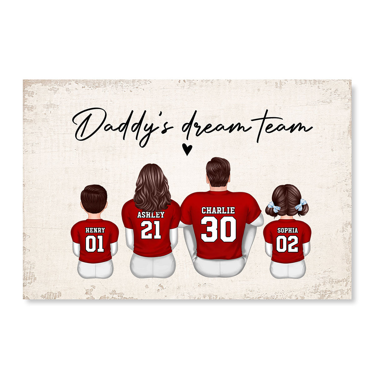 Daddy's Team Football Family Sitting Back View Personalized Poster, Father's Day Gift
