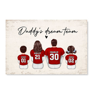 Daddy's Team Football Family Sitting Back View Personalized Poster, Father's Day Gift