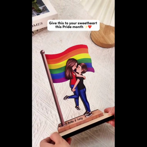 LGBT Couple Hugging Kissing Flag Personalized 2-Layered Standing Wooden Plaque, Pride Month Gift, Anniversary Gift