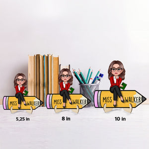 Doll Teacher Sitting On Pencil Personalized 2-Layer Wooden Plaque, Office Decor for Teacher,  Gift for Teacher, Teacher Appreciation Gift