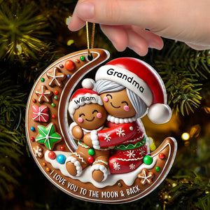 3D Effect Gingerbread Grandma Hugging Grandkid On Moon Christmas Personalized Acrylic Ornament, Meaningful Gift For Granddaughter, Grandson