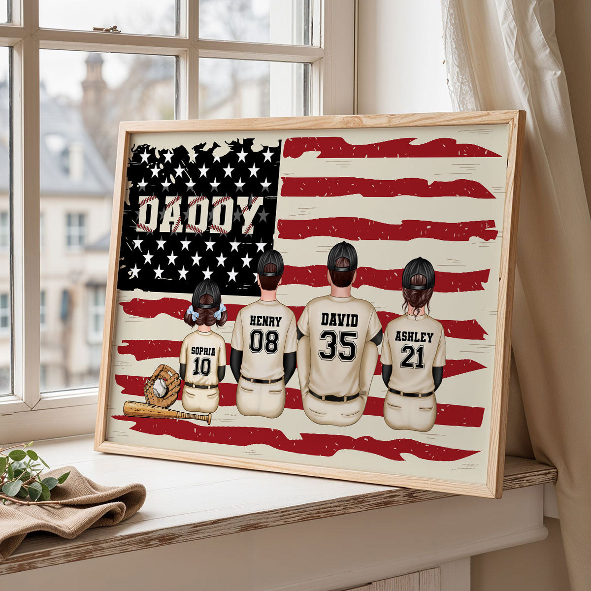 Baseball Dad And Kids Retro Nation Flag Personalized Poster, Father's Day Gift for Husband, Gift for Dad
