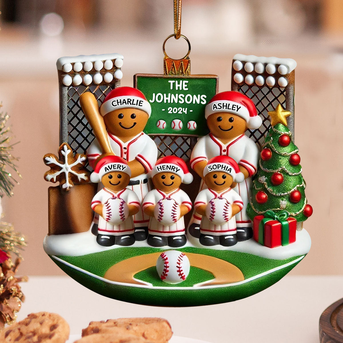 3D Effect Baseball Gingerbread Family On Field Sport Lover Personalized Acrylic Ornament