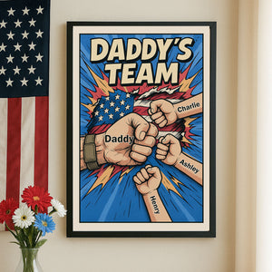 Daddy's Team Fist Bump Comic-Style Action Personalized Poster, Father's Day Gift for Dad