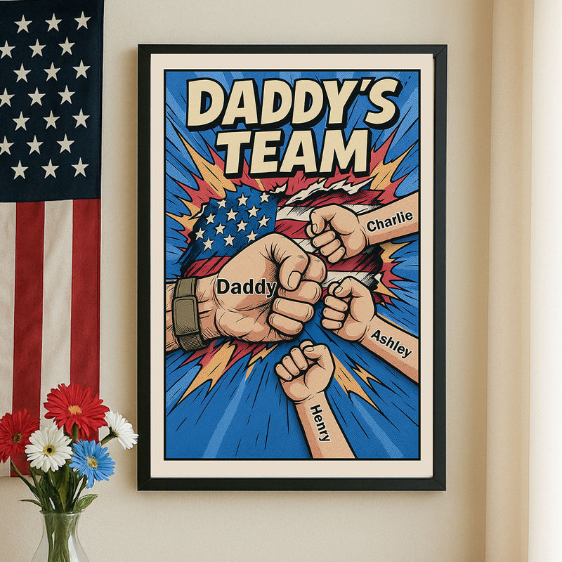 Daddy's Team Fist Bump Comic-Style Action Personalized Poster, Father's Day Gift for Dad